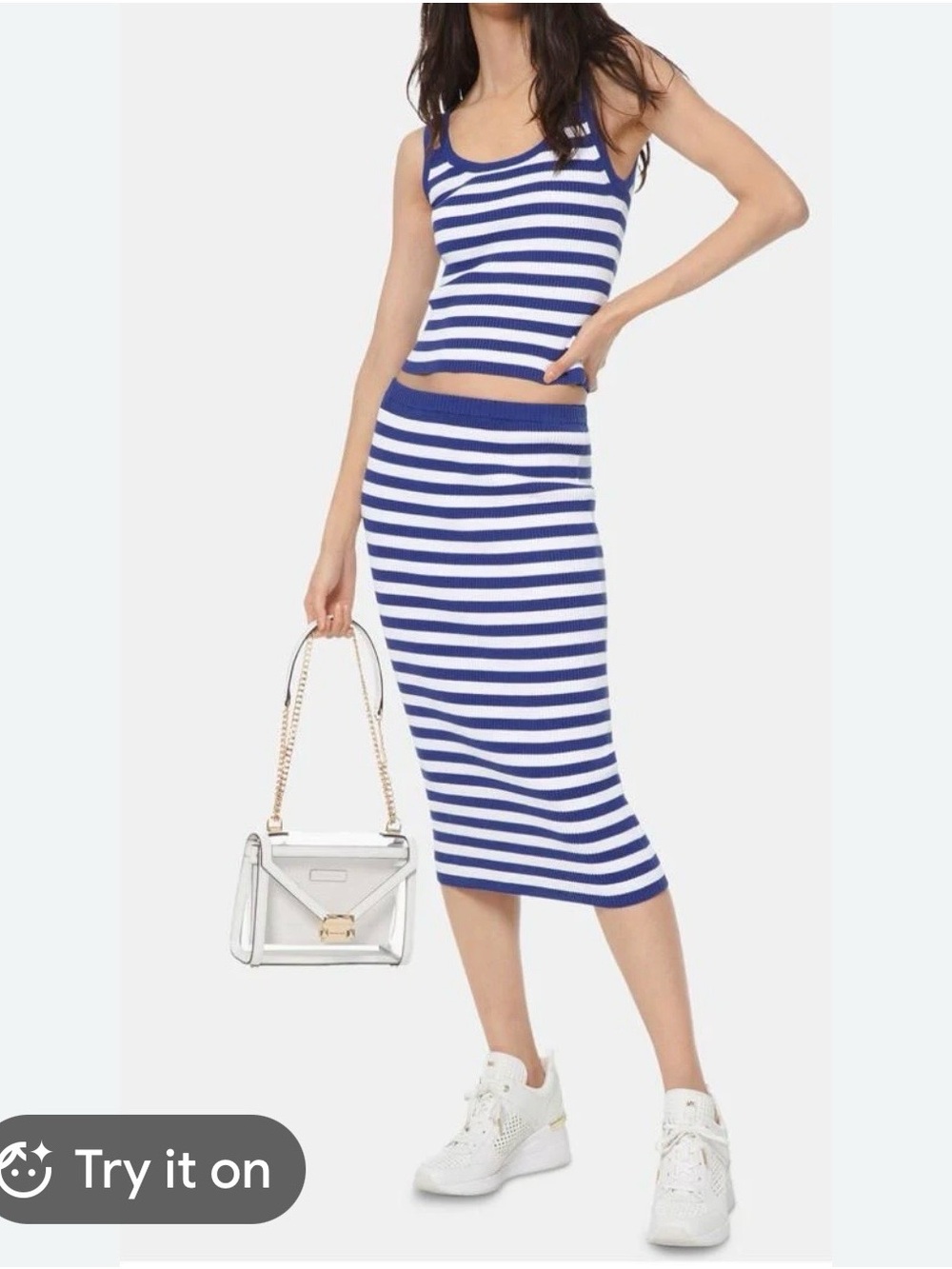 Michael kors Blue and White Striped Knit Midi Skirt and Top set
